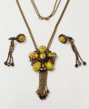 Vintage Juliana Yellow Milkglass Mosaic Art Stones Dangle Necklace & Earrings