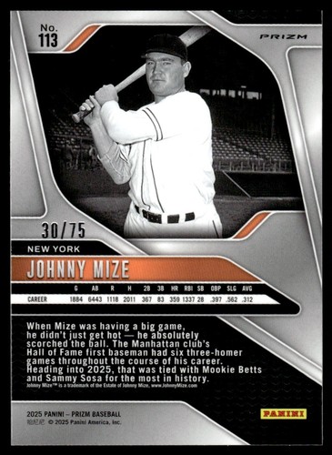 2025 Panini Prizm Baseball Green Johnny Mize 30/75 New York Yankees #113 - Foto 2 di 2