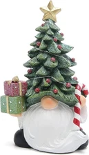 Christmas Gnome Figurine with Tree Hat & Gifts, Hand-Painted Resin Ornaments
