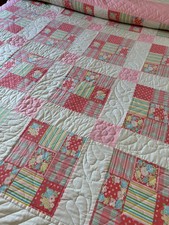 Vintage 1980s Quilt 9 Patch Block Pattern Hand Quilted Pink Red White Bedspread