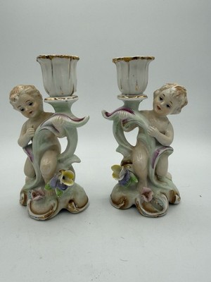 Antique Von Schierholz Handmade Pair German Porcelain Cherub Candle Holders EUC