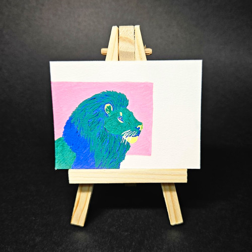 ACEO Original Lion Cat Wildcat Green Pink Acrylic Marker and Ink Free Shipping