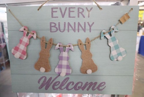New Every Bunny Welcome Sign Plaid Hanging Door Wall. Farmhouse 14.5x13.25 - Picture 1 of 3