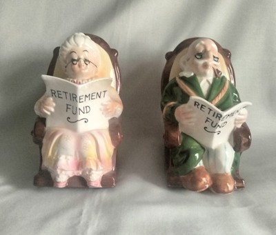 Vintage Lefton Pair Grandma & Grandpa Rocking Chair Retirement Fund Coin Bank