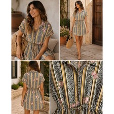 New Glory Womens Floral Leopard Stripe Shirt Dress Short Sleeve Button Up Medium