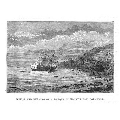 CORNWALL Wreck & Burning of a Barque in Mounts Bay - Antique Print 1881