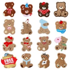 16PCS Plush Bear Iron On Patches, Cartoon Clothes Hat Bag DIY