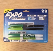 Expo 4ct Fine Mixed 2 Dry / 2 Wet Erase Marker Assorted Green, NEW