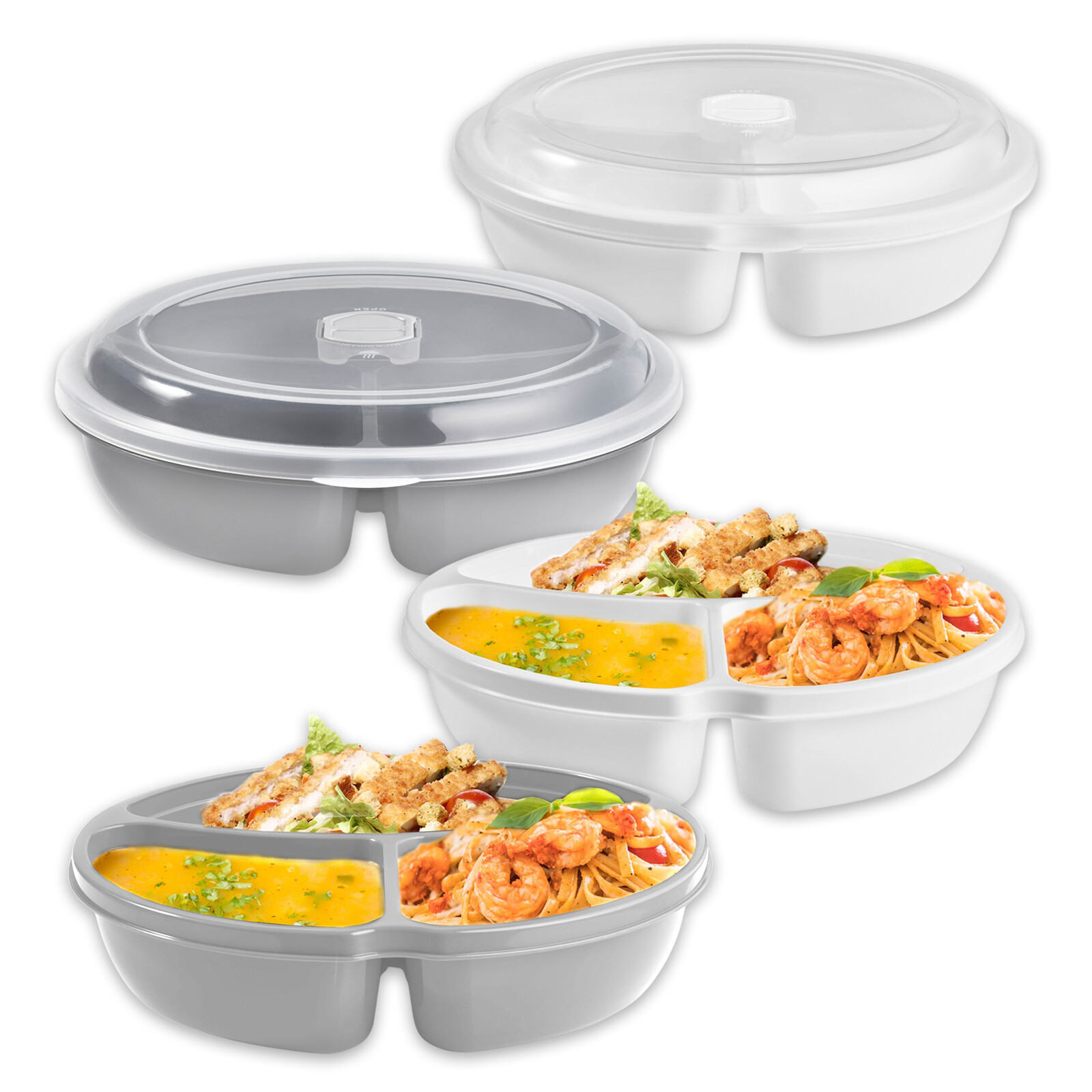 Produktbild von 2 Mikrowellenteller Mit Deckel – 2 Fächer, BPA-frei, Mit Dampfregelventil, Für Meal Prep, Einfrieren Und Erhitzen (-20°C Bis +100°C)