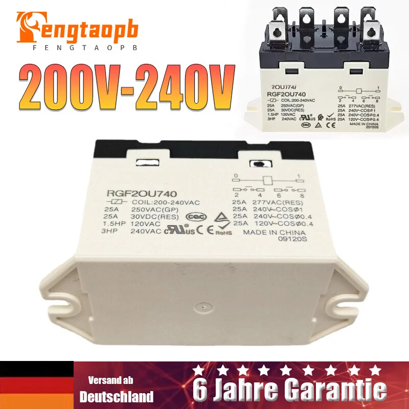 MARKENLOS Relais 25A 200V-240V 6pins Mit Schutzabdeckung für SOKE RGF2OU740 JQX-76F-TU-2A