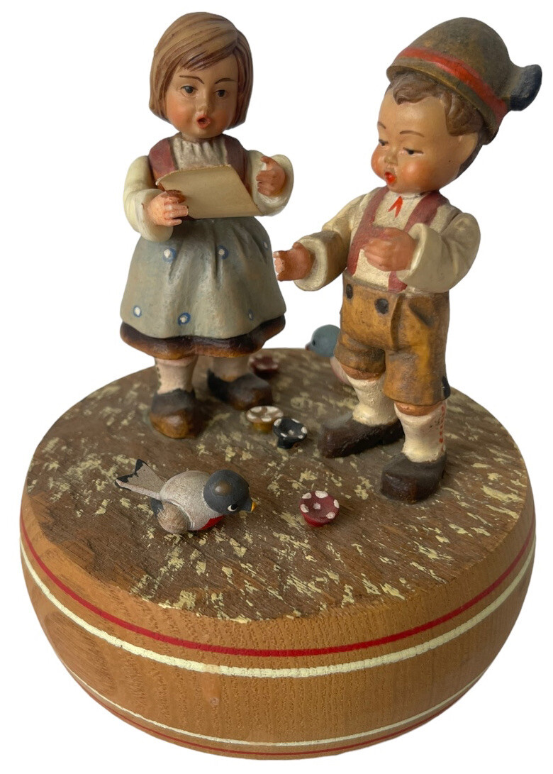 ANRI Thorens Music Box Children Singing Edelweiss Bird Mushrooms