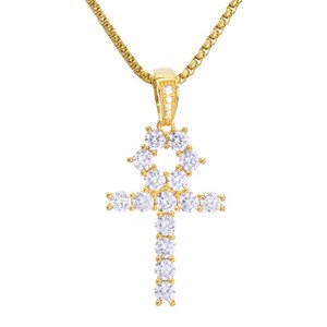 Authentic Men's Gold Plated Iced CZ Ankh Cross Pendant 22" Chain BSH13108G