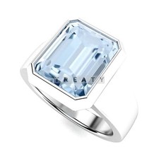 Aquamarine Emerald Cut Gemstone With 14K Solid White Gold Ring For Men's B849