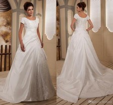 Modest Lace Beaded Satin Wedding Dress White Ivory Bridal Gown Custom Size 2026  