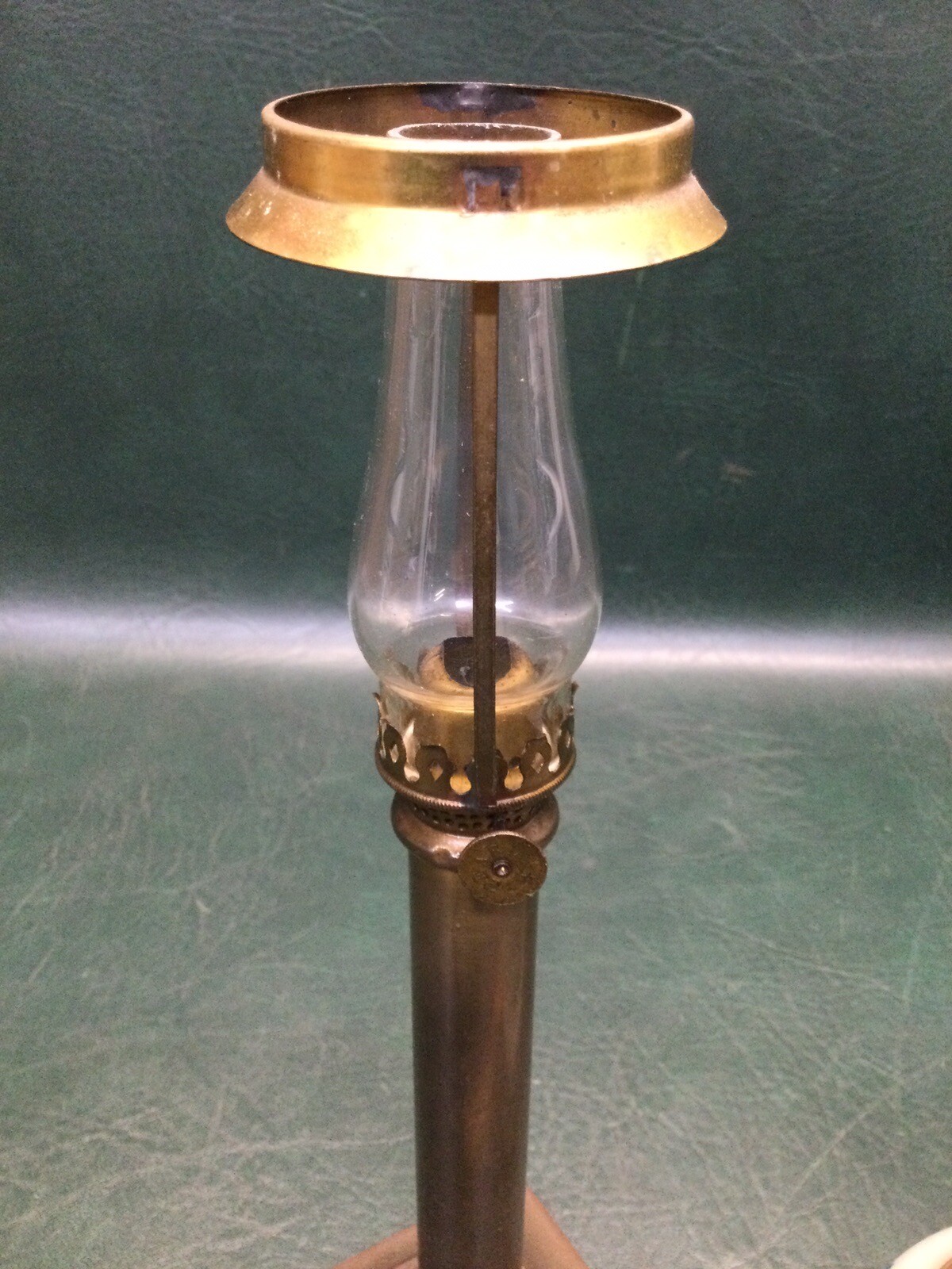Antique PEARL Brass Candlestick Oil Lamp w/ Glass Chimney & Hand