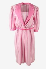 Vintage Long Dress Striped Belted Collared Neck Retro 90s Pink Size 40 - DR417