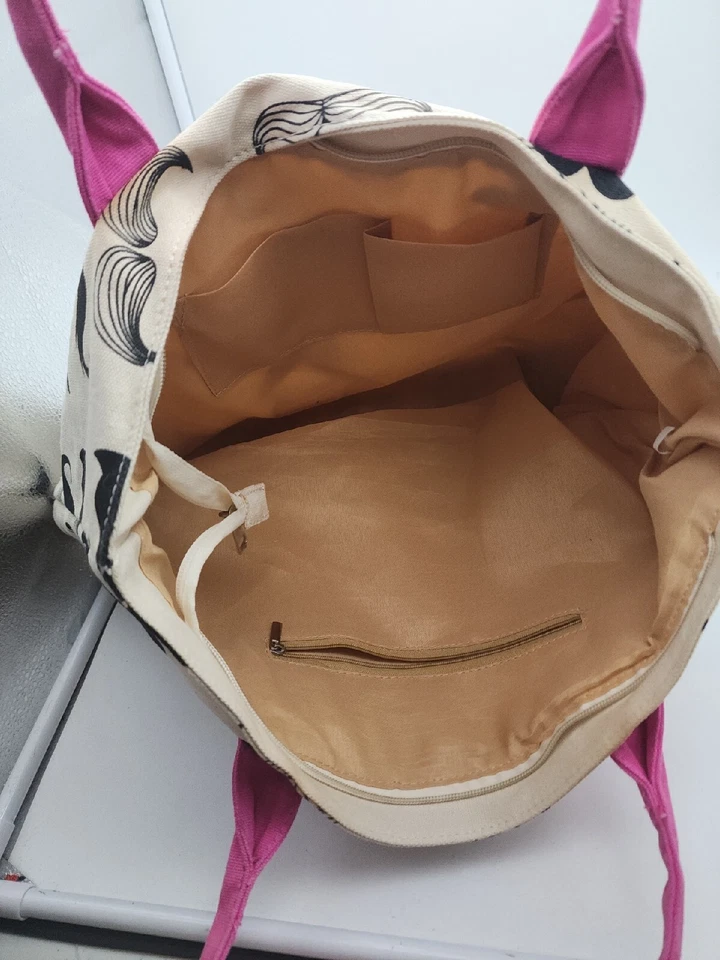 Mustaches Canvas Tote Handbag Bag Shopper 17” x 12” Pink Zipper Lined - Image 3 of 4