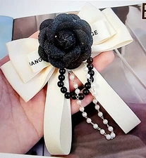 Elegant Black Camellia Flower Brooch Pin with Pearl Beads and Tassel