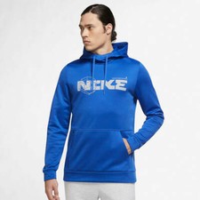 NEW MEN  S NIKE THERMA PULLOVER HOODIE SWEATSHIRT  IN ROYAL BLUE AND GRAY  