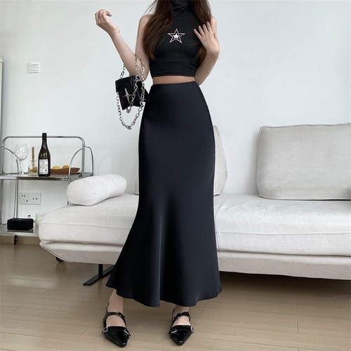 Women Elegant Satin Black Trumpet Skirt High Waist Slim Long Hip Skirt - Bild 2 von 44
