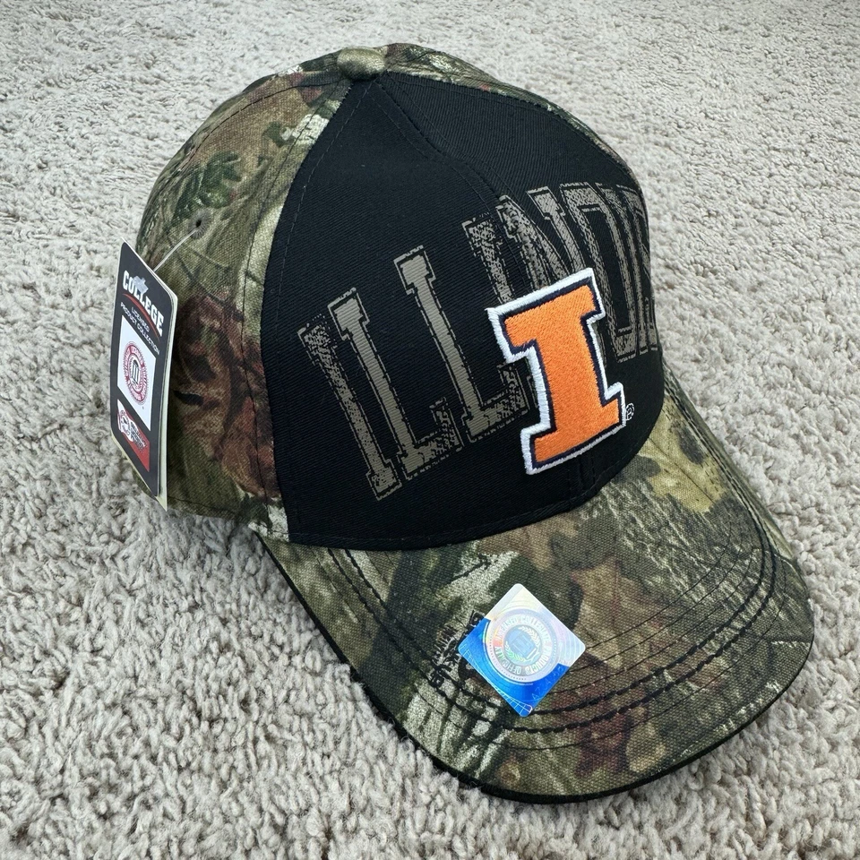 Illinois Illini Hat Adjustable Mossy Oak Camo Black Arched Spellout Vtg Cap NOS - Image 4 of 4