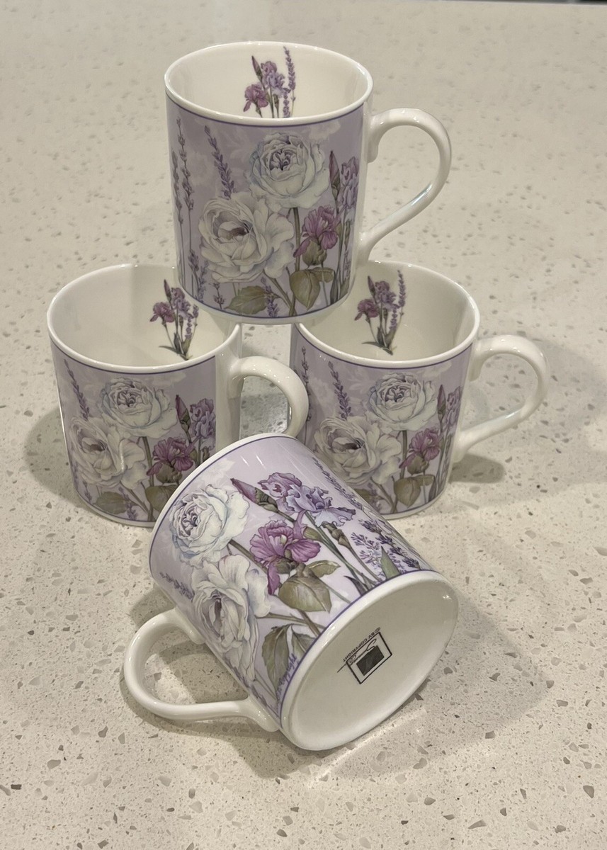 HTF BV Summer River Lavender Rose Porcelain Tea Cups Set of 4 8 oz