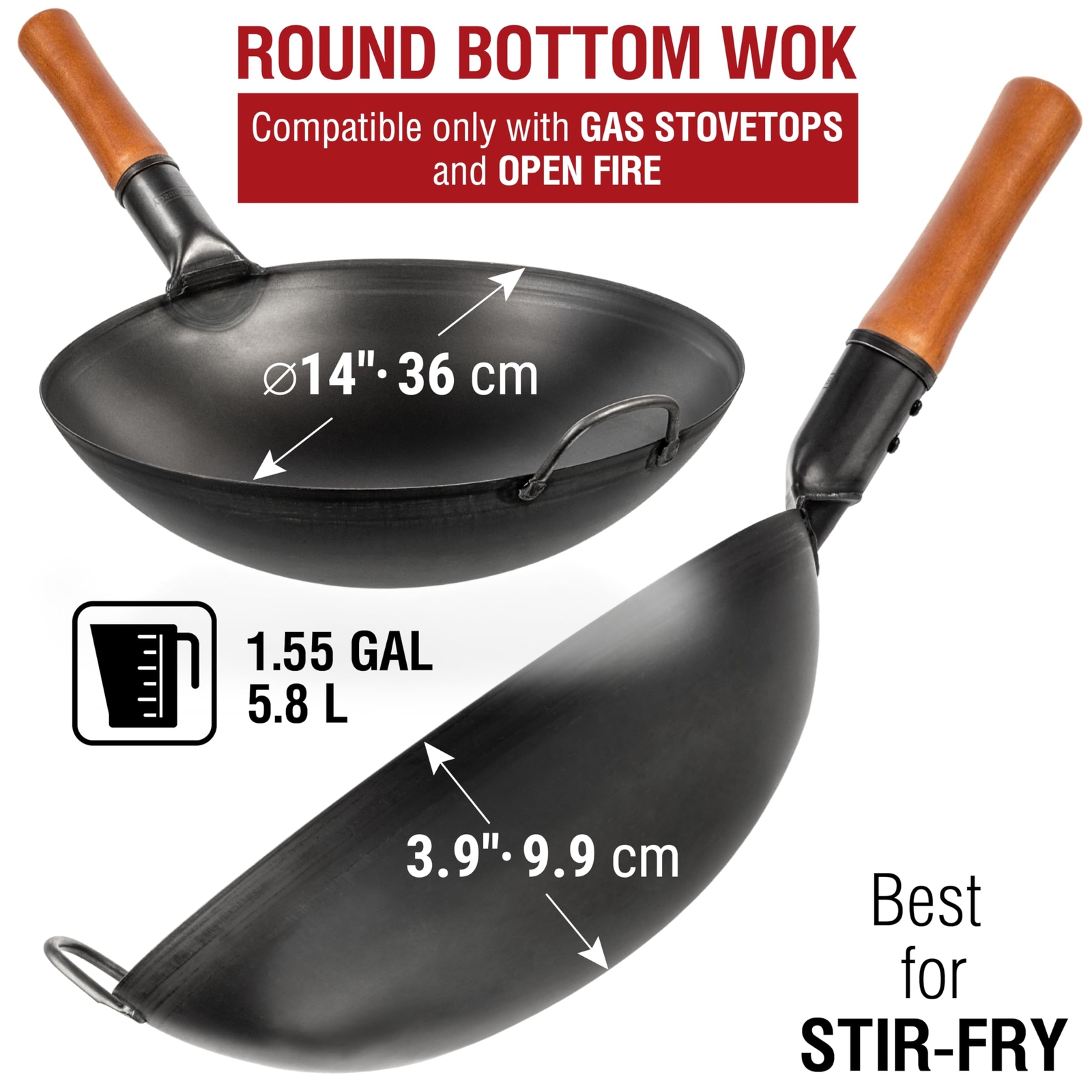 Carbon Steel Wok Pan - 14 in Woks and Stir Fry Pans - Chinese Wok with Round ...