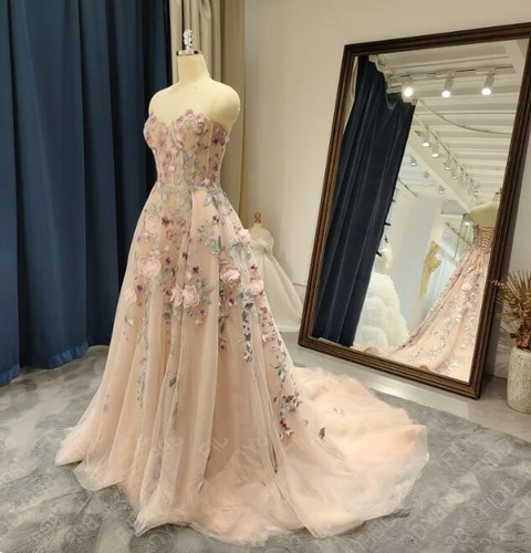 Flower Lace Wedding Dress Plus Size Custom-made Long Tulle Formal Gowns A-Line - Picture 3 of 12