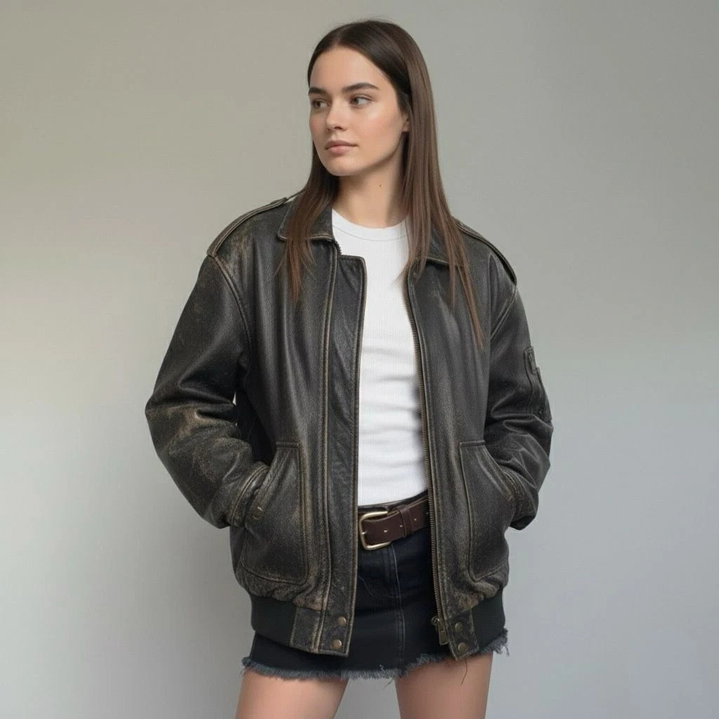 Women’s Distressed Black Leather Jacket Oversized Bomber Coat 90s Vintage Jacket