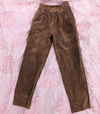 Vintage Pig Suede Leather Pants Brown Womens 6 90s Pleated Trousers Straight Leg