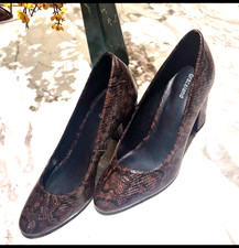 Women's Snake Print Block Heel Court Shoes, Brown Dark Reptile Pump Mid Heel