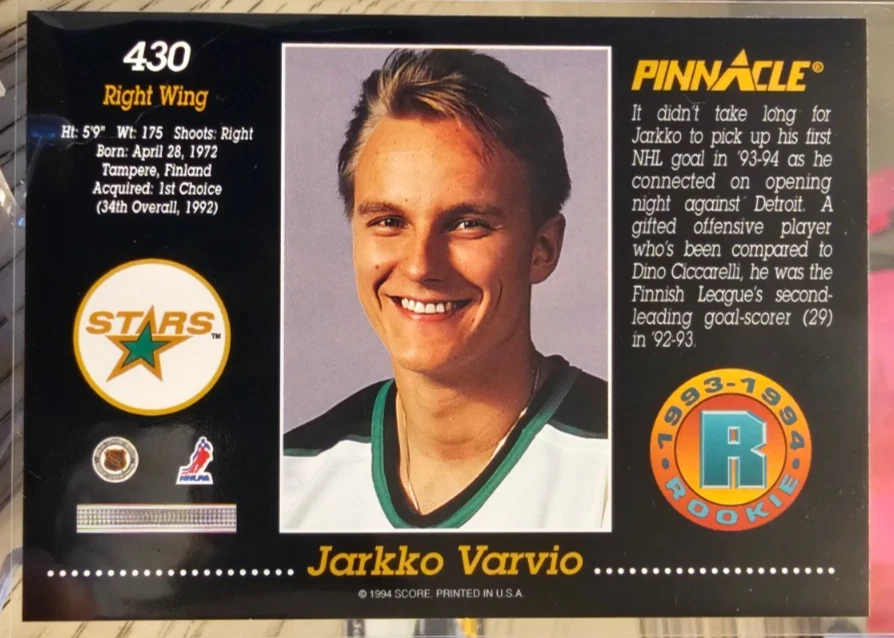 1993-94 Pinnacle Jarkko Varvio RC #430 Dallas Stars - Image 2 of 2