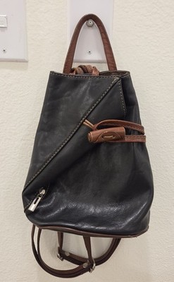 Vera Pelle Black & Brown Drawstring Backpack Purse, Adjustable Strap, Zipper