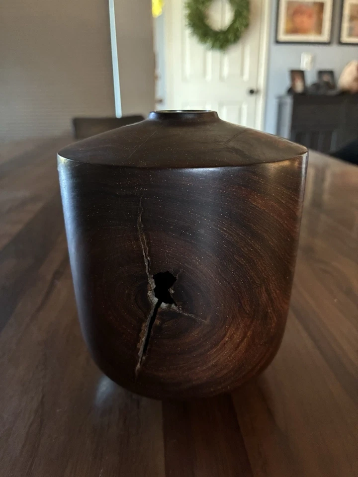Jarrón de madera torneado de estudio firmado por Dan Kvitka 1988 • Grieta importante • Tal cual Foto 4 de 4
