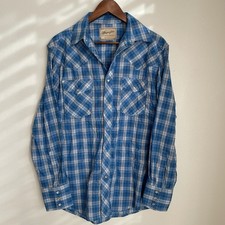Vintage Wrangler Plaid Button Up Shirt Sz Medium Blue Pearl Snap Western Rodeo