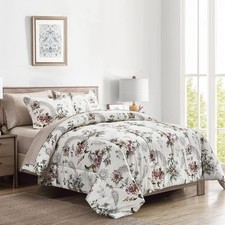 7 Pieces Bed in a Bag Queen Comforter Set with Sheets Beige Floral Design Soft