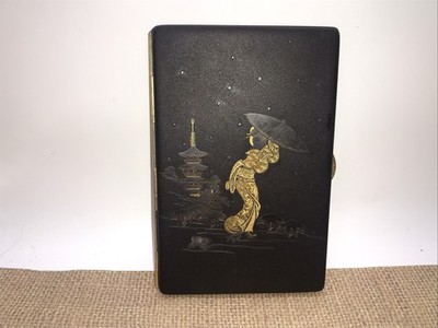 Vintage Japanese Komai style damascene K24 Gold Inlaid Geisha cigarette case