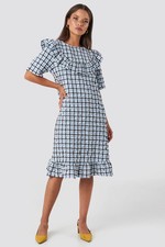 NA-KD Women's Dress Frill Detail Dress Plaid Dress, Blue (Multicolor), 32