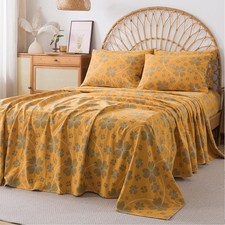 Fadfay Queen Sheet Set 100 Cotton Double Gauze 4-Piece Soft Floral Bed Sheets
