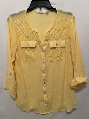 Notations Yellow Roll Sleeve Top Size M Button Up Lace Pockets