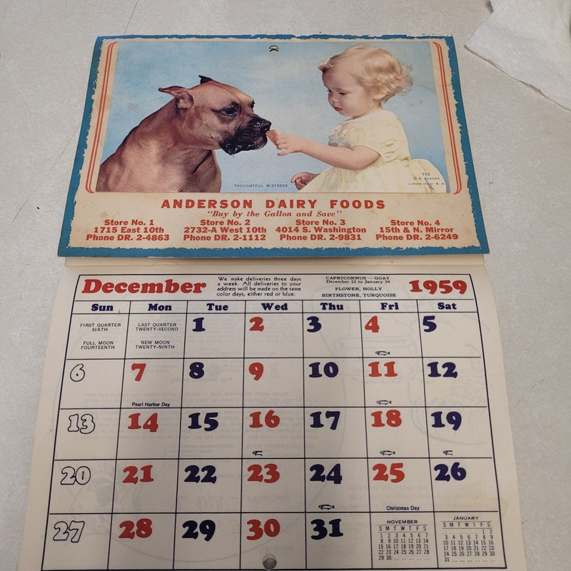 Rare Vintage 1959 Anderson Dairy Foods Advertising Calender Amarillo Texas