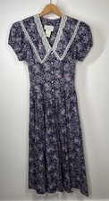 VTG 80s GUNNE SAX By Jessica McClintock Tea Dress Lace Trim Navy SZ 3 Bust 32 "