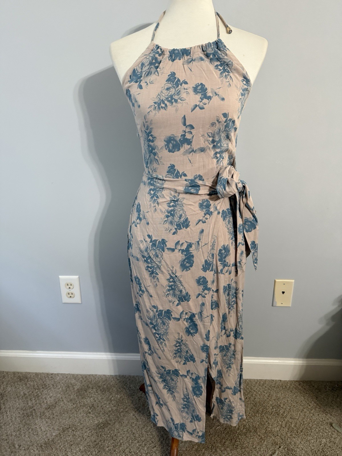 Baltic Born Beige Blue Floral Halter Smocked Midi Dress Tie Waist A-Line S