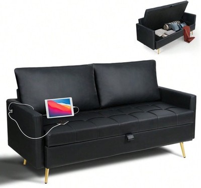 60'' W Black Leather Couch with Storage Small Loveseat Sofa for Living Room