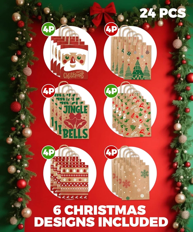 Paquete de 24 bolsas de regalo de Navidad con asas, bolsas de golosinas de papel Kraft para Holid Foto 2 de 4