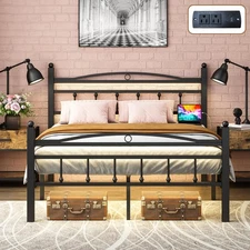 Full Size Bed Frame with Headboard,Metal Platform Bed Frame with Charging Sta...