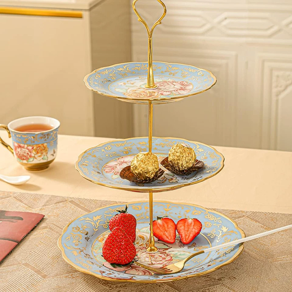 Soporte para pasteles vintage de cerámica de 3 niveles con hermoso patrón clásico de rosas, estante para alimentos Foto 3 de 4