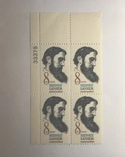 US 8 cent Sidney Lanier Poet 1972, Scott 1446, block of 4, 2MH/2MNH/OG/VF.
