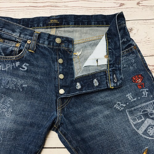 Polo Ralph Lauren Men 32x30 BlueDenim Graphic Patched Varick Slim Straight Jeans - Picture 13 of 17
