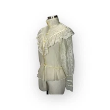 Vintage 80's Victorian High Neck Style Lace Sheer Blouse Top Small 36" Bust